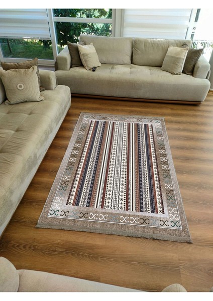 Mars 2075 Serisi Kahve Tonlarında Etnik Geometrik Desen Kaymaz Taban Dekoratif Halı modelleri