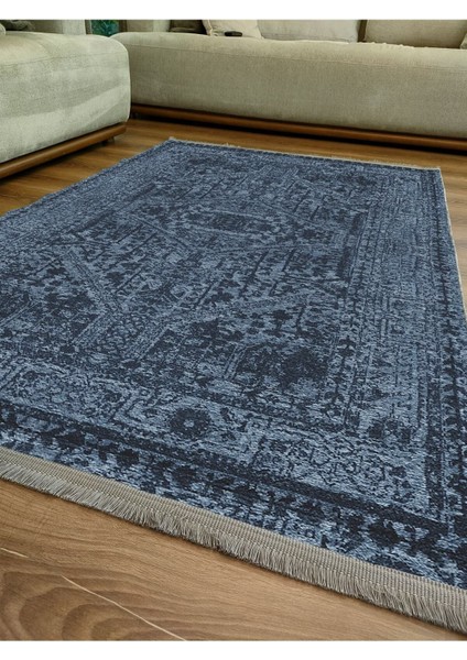 Mars Serisi Lacivert Eskitme Antika Desen Kaymaz Taban Şönil Halı