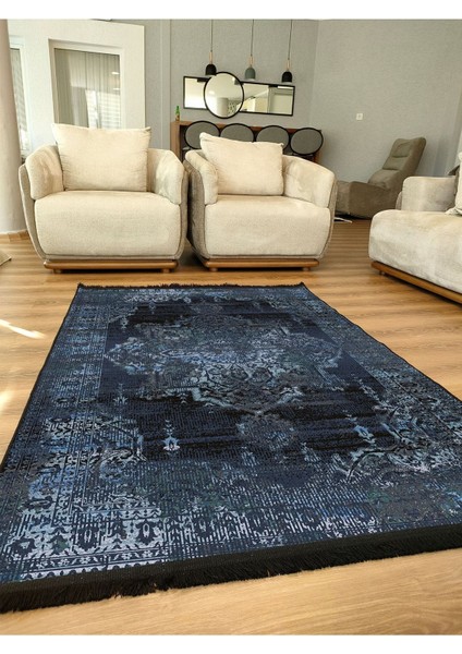 Mars Serisi Lacivert Eskitme Antika Desen Kaymaz Taban Şönil Halı