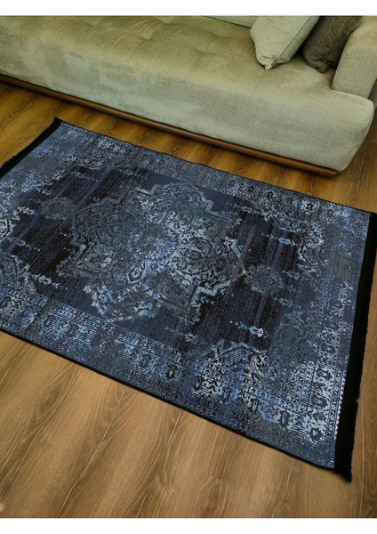 Mars Serisi Lacivert Eskitme Antika Desen Kaymaz Taban Şönil Halı