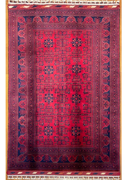 El Dokuma Afgan Halı Yıldız Desenli Ince Dokuma Bordo Renk 2.5 Metre Kare