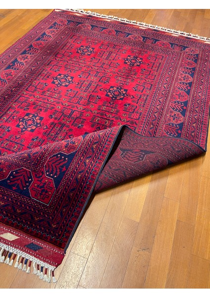 El Dokuma Afgan Halı Yıldız Desenli Ince Dokuma Bordo Renk 2.5 Metre Kare