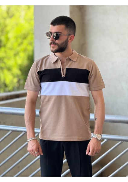 Slimfit Kesim Erkek Polo Yaka Fermuarlı Serit Desen Lacos Kumas Tshirt-Kahve