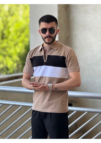 Slimfit Kesim Erkek Polo Yaka Fermuarlı Serit Desen Lacos Kumas Tshirt-Kahve fiyatları