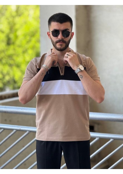 Slimfit Kesim Erkek Polo Yaka Fermuarlı Serit Desen Lacos Kumas Tshirt-Kahve modelleri