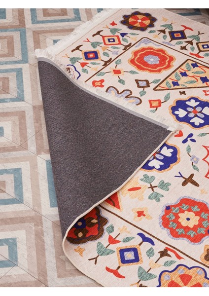 Mars 2035 Renkli Klasik Desenli Yıkanabilir Dokuma Taban Salon Halısı Koridor ve Mutfak Halısı