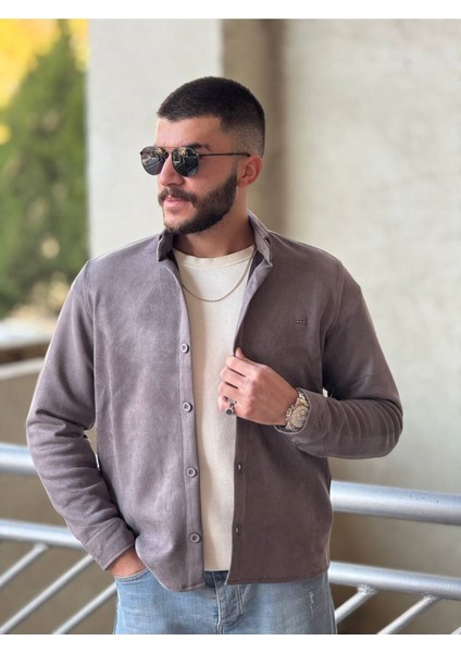 Slimfit Kesim Erkek Düz Desen Süet Gömlek-Gri