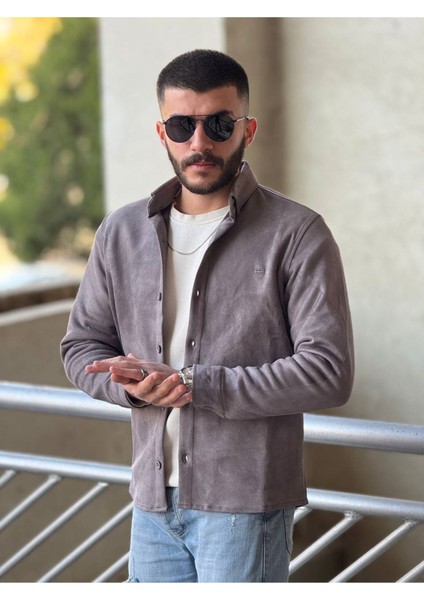 Slimfit Kesim Erkek Düz Desen Süet Gömlek-Gri fiyatları