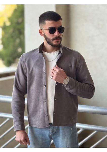Slimfit Kesim Erkek Düz Desen Süet Gömlek-Gri modelleri