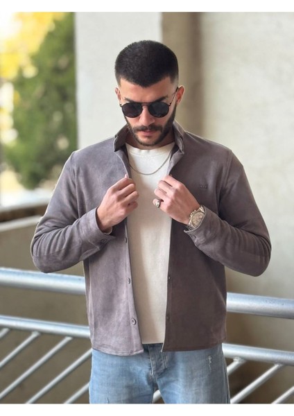 Slimfit Kesim Erkek Düz Desen Süet Gömlek-Gri fırsatları