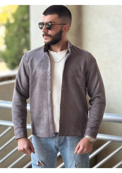 Slimfit Kesim Erkek Düz Desen Süet Gömlek-Gri indirimleri