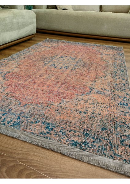 Mars Serisi Mavi ve Kahve Tonlarında Eskitme Otantik Desen Kaymaz Taban Şönil Halı