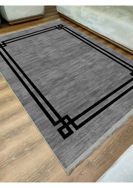 Mars Serisi Gri Siyah Çerçeveli Etnik ve Geometrik Desen Kaymaz Taban Şönil Halı fiyatları