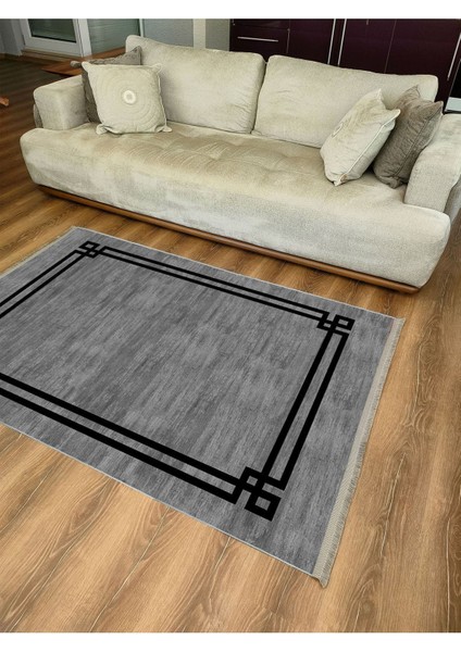 Mars Serisi Gri Siyah Çerçeveli Etnik ve Geometrik Desen Kaymaz Taban Şönil Halı fırsatları