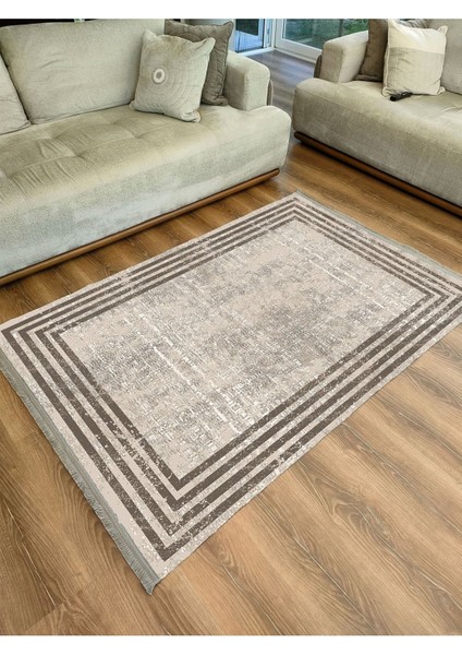 Mars Serisi Kahve Tonlarında Çizgili Etnik Desen Kaymaz Taban Şönil Halı
