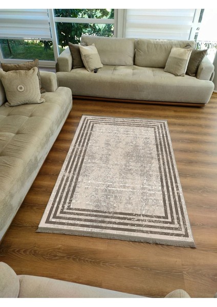 Mars Serisi Kahve Tonlarında Çizgili Etnik Desen Kaymaz Taban Şönil Halı modelleri