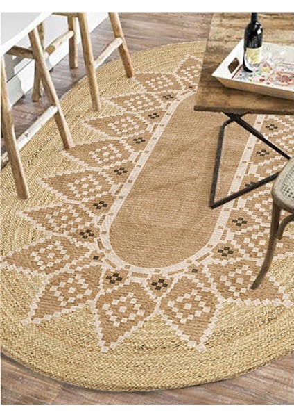 Boho 980 Jüt Hasır Etnik Desenli Oval Jüt Örme Doğal Hasır Natural Oval Halı indirimleri