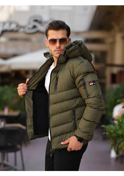 Slimfit Kesim Erkek Kapşonlu Içi Kürklü Astar Su Gecirmez Şişme Mont-Haki