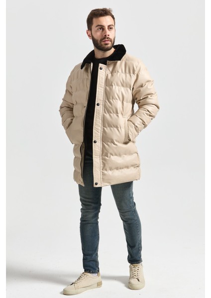 Slimfit Kesim Erkek Uzun Deri Sisme Mont-Bej