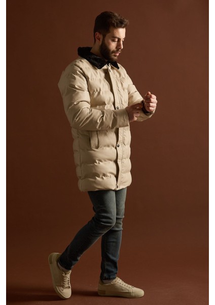 Slimfit Kesim Erkek Uzun Deri Sisme Mont-Bej fiyatları