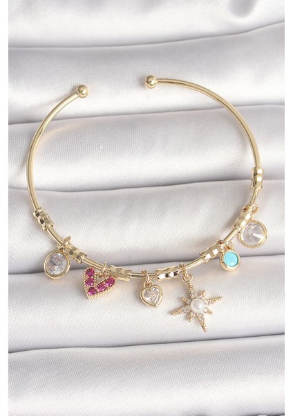 Pirinç Gold Renk Zirkon Taşlı Sallantı Kutup Yıldız Figür Inci Detay Charm Kadın Bileklik