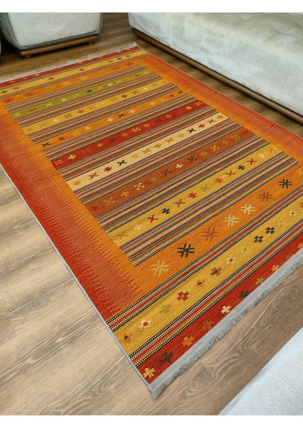 Mars Serisi Hardal ve Kırmızı Tonlarında Çizgili Geometrik Desen Kaymaz Taban Şönil Halı