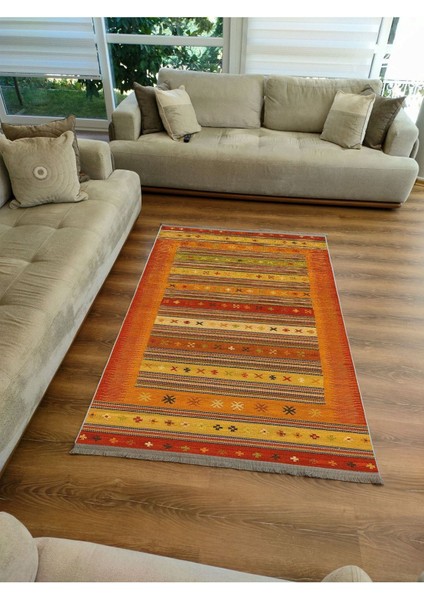 Mars Serisi Hardal ve Kırmızı Tonlarında Çizgili Geometrik Desen Kaymaz Taban Şönil Halı modelleri