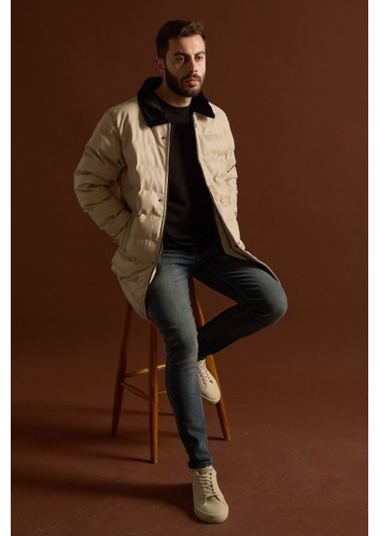 Slimfit Kesim Erkek Uzun Deri Sisme Mont-Bej modelleri