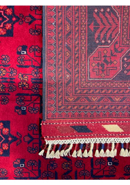 El Dokuma Afgan Halı Yıldız Desenli Ince Dokuma Bordo Renk 2.5 Metre Kare