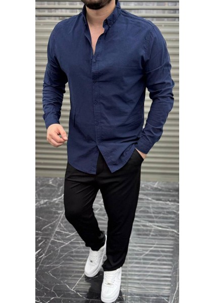 Slimfit Kesim Erkek Cotton Kumaş Tam Kalıp Duz Desen Gömlek-Lacivert