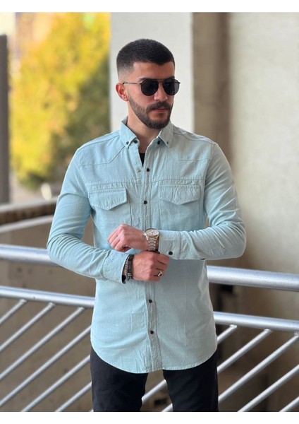 Slimfit Kesim Erkek Levi Model Cotton Cift Cepli Gömlek-Buz Mavisi