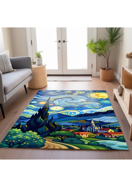 Van Gogh Yıldızlı Geceler Pastel Tonlarında Dokuma Taban Salon Halısı Çocuk Halısı Mars 259 modelleri