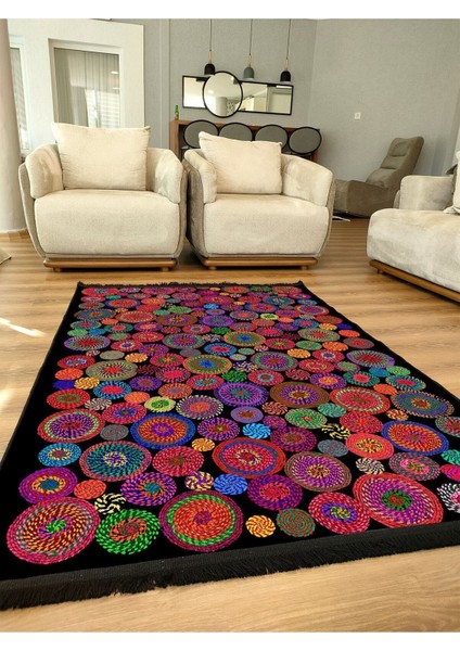 Mars Serisi Siyah Rengin Üzerinde Multy Tonlarında Çiçekli Desen Kaymaz Taban Şönil Halı fiyatları