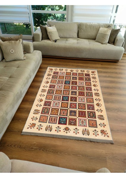 Mars 2085 Bej Tonlarında Otantik Desen Kaymaz Taban Dekoratif Halı fırsatları