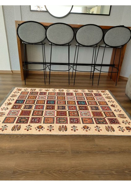 Mars 2085 Bej Tonlarında Otantik Desen Kaymaz Taban Dekoratif Halı