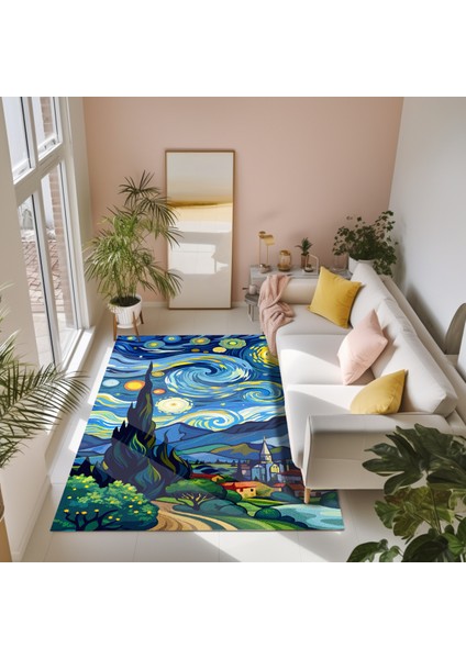 Van Gogh Yıldızlı Geceler Pastel Tonlarında Dokuma Taban Salon Halısı Çocuk Halısı Mars 259