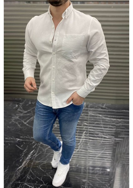 Slimfit Kesim Erkek Tek Cepli Gabardin Gomlek-Beyaz