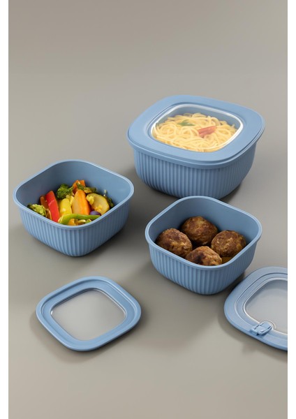 Kare 3 Parça Vakumlu Sızdırmaz Hava Almaz Saklama Kabı Seti Mavi (1800/1100/600 Ml) fiyatları