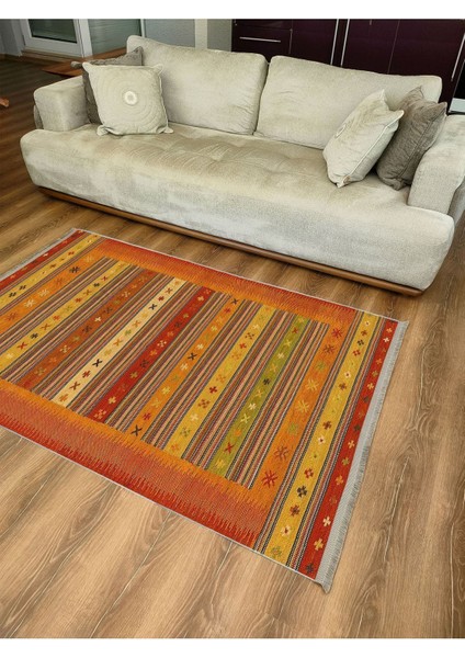 Mars Serisi Hardal ve Kırmızı Tonlarında Çizgili Geometrik Desen Kaymaz Taban Şönil Halı fırsatları