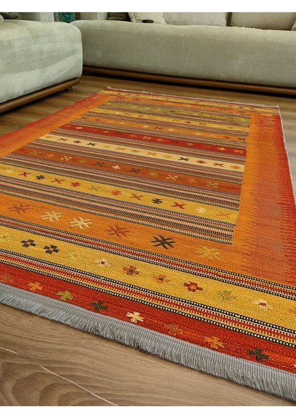 Mars Serisi Hardal ve Kırmızı Tonlarında Çizgili Geometrik Desen Kaymaz Taban Şönil Halı