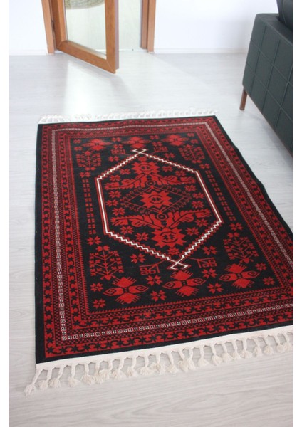 Mars 2009 Kırmızı Siyah Bordürlü Etnik Vintage Görünüm Dokuma Taban Halı fiyatları