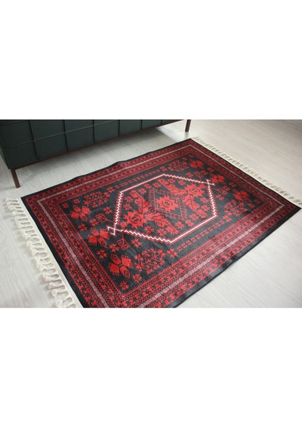 Mars 2009 Kırmızı Siyah Bordürlü Etnik Vintage Görünüm Dokuma Taban Halı indirimleri