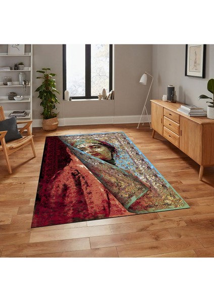 Mavi ve Bordo Tonlarda Kadın Silüeti Etnik Desenli Vintage Dokuma Taban Salon Halı Mars 150 fiyatları