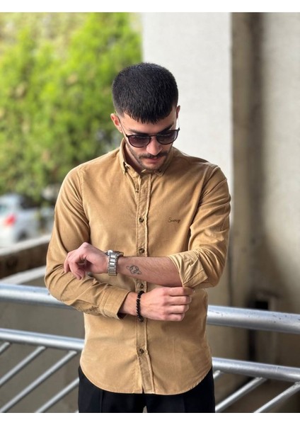 Slimfit Kesim Erkek Kadife Kumaş-Vizon