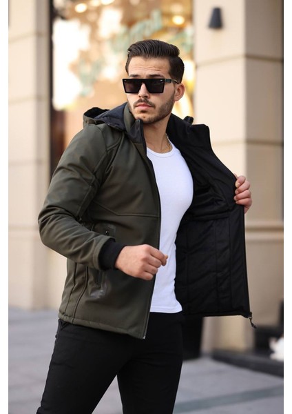 1037-SLIMFIT Kesim Erkek Kapşonlu Su Gecirmez Softjel Kumaş Mont-Haki fiyatları