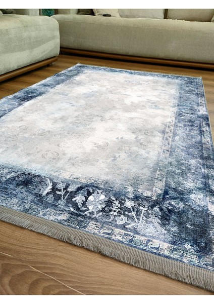 Mars 2068 Mavi Çerçeve Desenli Yıkanabilir Kaymaz Salon Halısı, Koridor ve Mutfak Halısı indirimleri