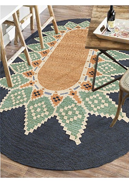 Boho 978 Jüt Hasır Etnik Desenli Oval Jüt Örme Doğal Hasır Natural Oval Halı