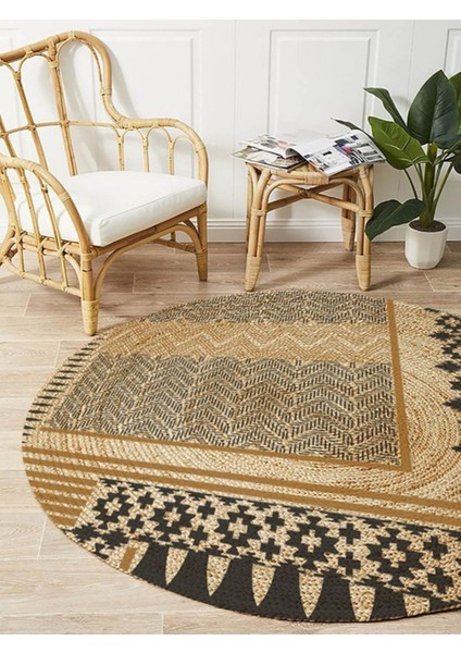Boho 947 Geometrik ve Etnik Baskılı Örgü Yuvarlak Natural Çift Taraflı Halı