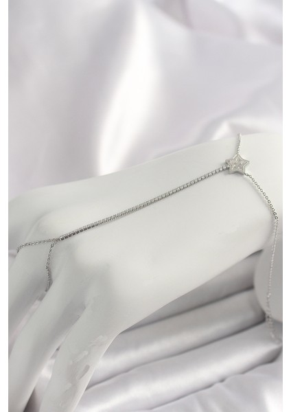 Pirinç Gümüş Renk Su Yolu Zirkon Taşlı Yıldız Model Kadın Şahmeran