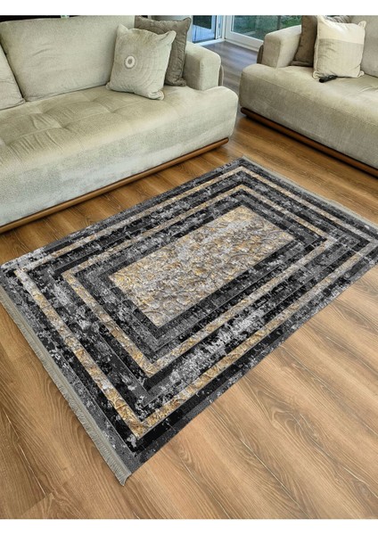 Mars 2078 Gri ve Kahve Tonlarında Çizgili Etnik Desen Kaymaz Dekoratif Halı modelleri